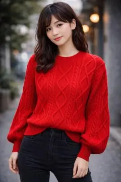 LOWRY FARM ケーブルニットセーター 長袖 赤 Lサイズ