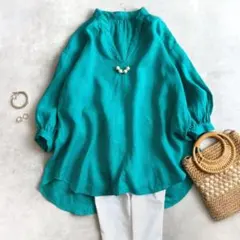 美品 ◆ グリーンレーベルリラクシング　スキッパーシャツ　リネン　グリーン