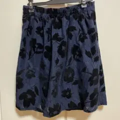 レディース　ネイビー　花柄レースフレアスカート　L