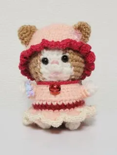 ハンドメイド あみぐるみ ドレス バラのワンピース ハチワレ茶白猫