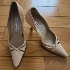 高級☆Manolo Blahnikマノロブラニク☆パンプスベージュ38ハーフ靴
