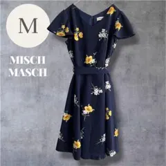 ミッシュマッシュ フレアワンピース M 紺 花柄 フレア Vネック リボンベルトのサムネイル