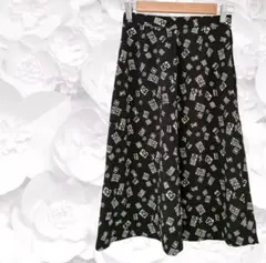 ロング スカート フレア【F】ブラック 黒 総柄 Aライン ヴィンテージ 古着