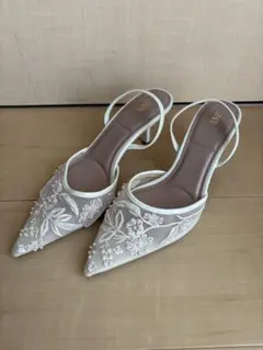 ZARA パール刺繍 メッシュ スリングバックパンプス ホワイト 36