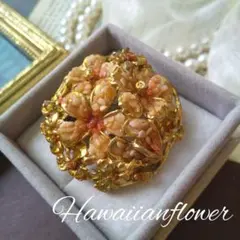 天然石 珊瑚 ペリドット ハイビスカス プルメリアブローチ ハワイ ヴィンテージ