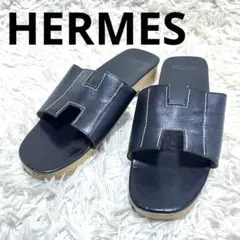 【美品】エルメス　ウッドサンダル　ケブラール　Hロゴ　ブラック　レザー　38のサムネイル