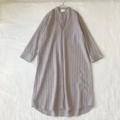 ユニ　バンドカラー　チェック　シャツワンピース　ウール