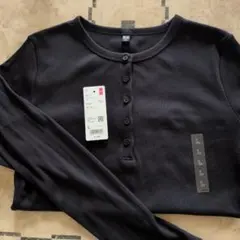 新品未使用★ユニクロ　リブヘンリーネックT/長袖　Ｌサイズ　ブラック