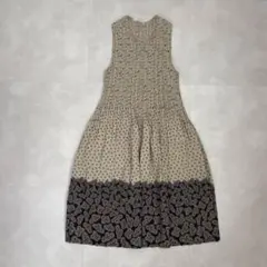 プリーツ ノースリーブワンピース ペイズリー ベージュ レトロ ボヘミアン 古着