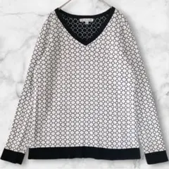 デコレクション 総柄ニット Vネック 長袖 L 白 黒 綿 通勤