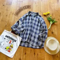 スタディオクリップ＊チェック柄 長袖ブラウス ネイビー×白 スキッパー ゆったり