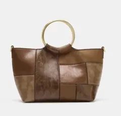 zaraパッチワーク硬質ハンドルミニバケットバックブラウントートバッグショルダー