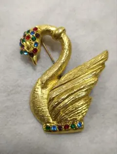 ヴィンテージ　レトロ　ゴールド　白鳥　マルチカラー　ラインストーン　ブローチ