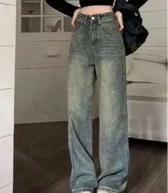 ハイウエスト ワイドレッグ デニムパンツ ジーンズ レディース 無地 XSブルー