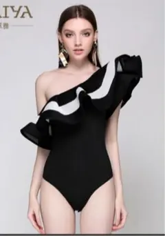 レディース 水着 オフショル ワンショル フリル 黒 アシンメトリー 体型カバー