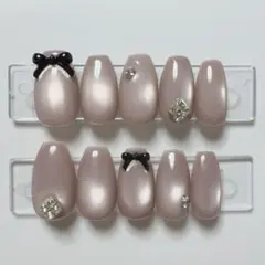 【現品】ネイルチップ 韓国風 マグネット シンプル リボン ピンクベージュ 大人