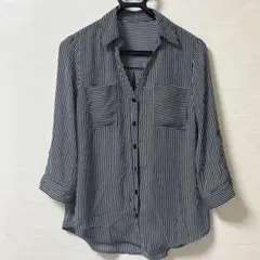 美品✨ブラウス【M】ストライプシャツ 5分袖 7分袖 V字 黒白 ポケット
