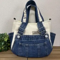 デニムリメイクバッグ　ふんわりころりんサイドポケットトートバッグ