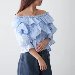 NICE CLAUP ナイスクラップ　5分袖クロスフリルブラウス　ブルー