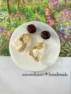 【特別価格】インド刺繍 リボン イヤリング ピアス変更可｜グレー花柄×ブラウン