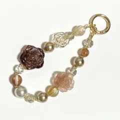 ビーズストラップ❁スマホストラップ❁キーホルダー❁ブラウン.ゴールド系❁薔薇