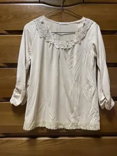 レース装飾 ベージュ 五分袖 Tシャツ M
