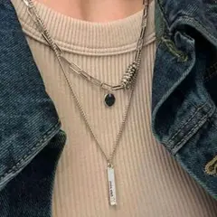 No.G50 ステンレス 2連 チェーンネックレス ペンダント ロングネックレス