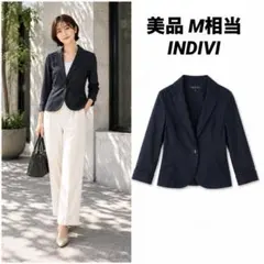 【美品】INDIVI テーラードジャケット ストレッチ リネン混 黒 M相当のサムネイル
