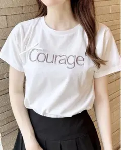 INGNI リボン付ラメ刺繍ロゴTシャツ オフホワイト×ピンクラメ M