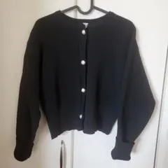 黒 リブ編み 長袖カーディガン パールボタン
