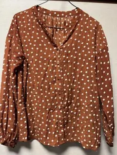 ブラウン・ホワイトドット 長袖シャツ M