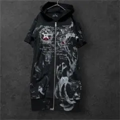 Y2K 平成ギャル スカル ダブルジップ 半袖パーカー ロング丈 ダメージ風