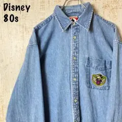90s ディズニー デニムシャツ 長袖 ミッキー ドナルド 刺繍 M 古着 