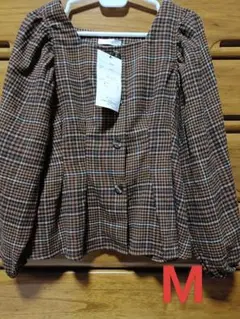 Mサイズ ブラウン系チェック パフスリーブシャツ