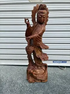 玉山作　木彫り 観音菩薩像 魚籃観音 仏像 置物