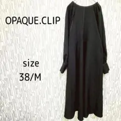 オペークドットクリップ　配色ステッチロングワンピース ボリューム袖 体型カバーM