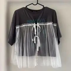 チュールレイヤード 半袖Tシャツ チャコールグレーのサムネイル