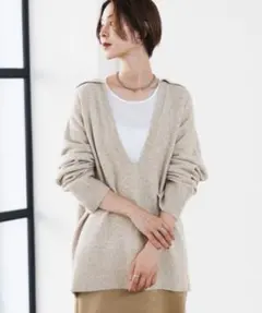 レプシィム　チュニック　ニット　アンゴラ混　深Vネック　ベージュ　F　カジュアル