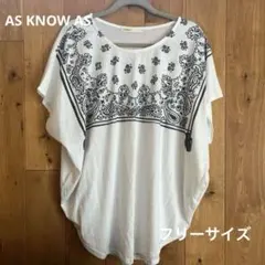 AS KNOW AS ペイズリー柄 チュニック 半袖　白Tシャツ　ゆったりフリー