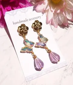 ハンドメイド◆ピアス◆薔薇 バラ ローズ◆蝶々 バタフライ◆ゴールド