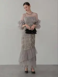 フラワースパンコールチュールフリルスリーブIラインワンピースドレス結婚式二次会