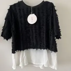 フリンジシフォン半袖トップスブラックM