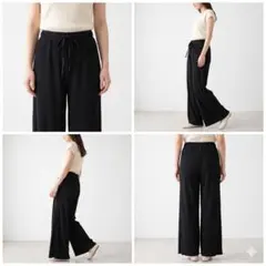 レトロガール ウエストリボン ワイドパンツ 黒 ブラック ゆったり M