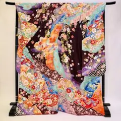 振袖 正絹 濃い紫 花柄　ラメ入　美品　裄65.5㎝ 　成人式 中古 D-133 振袖 正絹 濃い紫 花柄 ラメ入 美品 裄65.5㎝ 成人式 中古 D-133