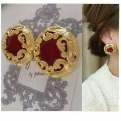 337＊残り２点 大ぶり！レッド アンティークゴールド 大人女子 ヴィンテージ