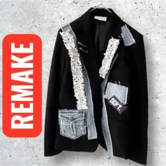 S デニムポケット付きジャケット　ブラック　アニマル柄フリル　秋冬　古着リメイク