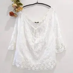 ★カニシュカ★七部丈 花柄刺繍 シャツ トップス【XL】リボン 透け ホワイト