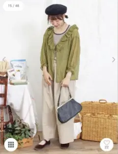 サマンサモスモス　セルロースナイロンシアーフリルブラウス　カーキ　SM2