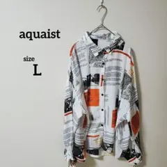 総柄シャツ ニュースペーパー柄 オーバーサイズ 長袖 L モノトーン×オレンジ
