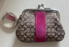 Coach コインケース がま口　ブラウンロゴ　ピンク